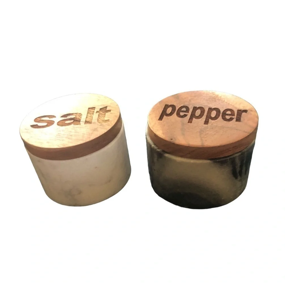 Marble Salt Pepper Bowl Salt Box Salt Cellar Set Solid Natural Wood Dining 2.5”